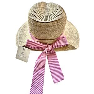 Fold Over Striped Bow Straw Hat